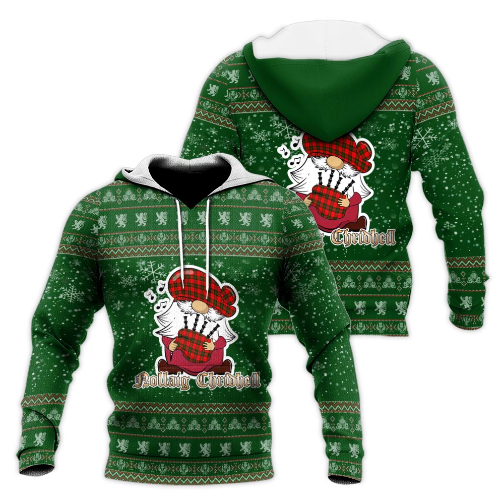 Dunbar Modern Clan Christmas Knitted Hoodie with Funny Gnome Playing Bagpipes Green - Tartanvibesclothing