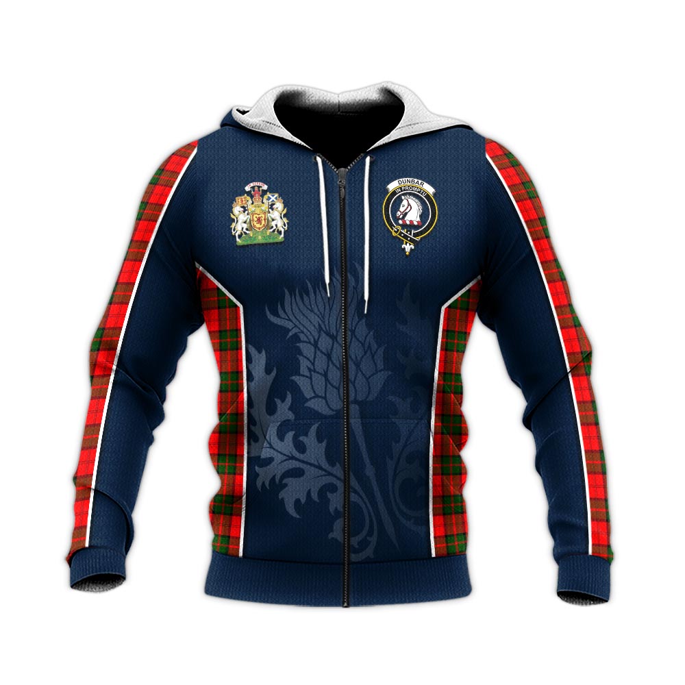 Tartan Vibes Clothing Dunbar Modern Tartan Knitted Hoodie with Family Crest and Scottish Thistle Vibes Sport Style