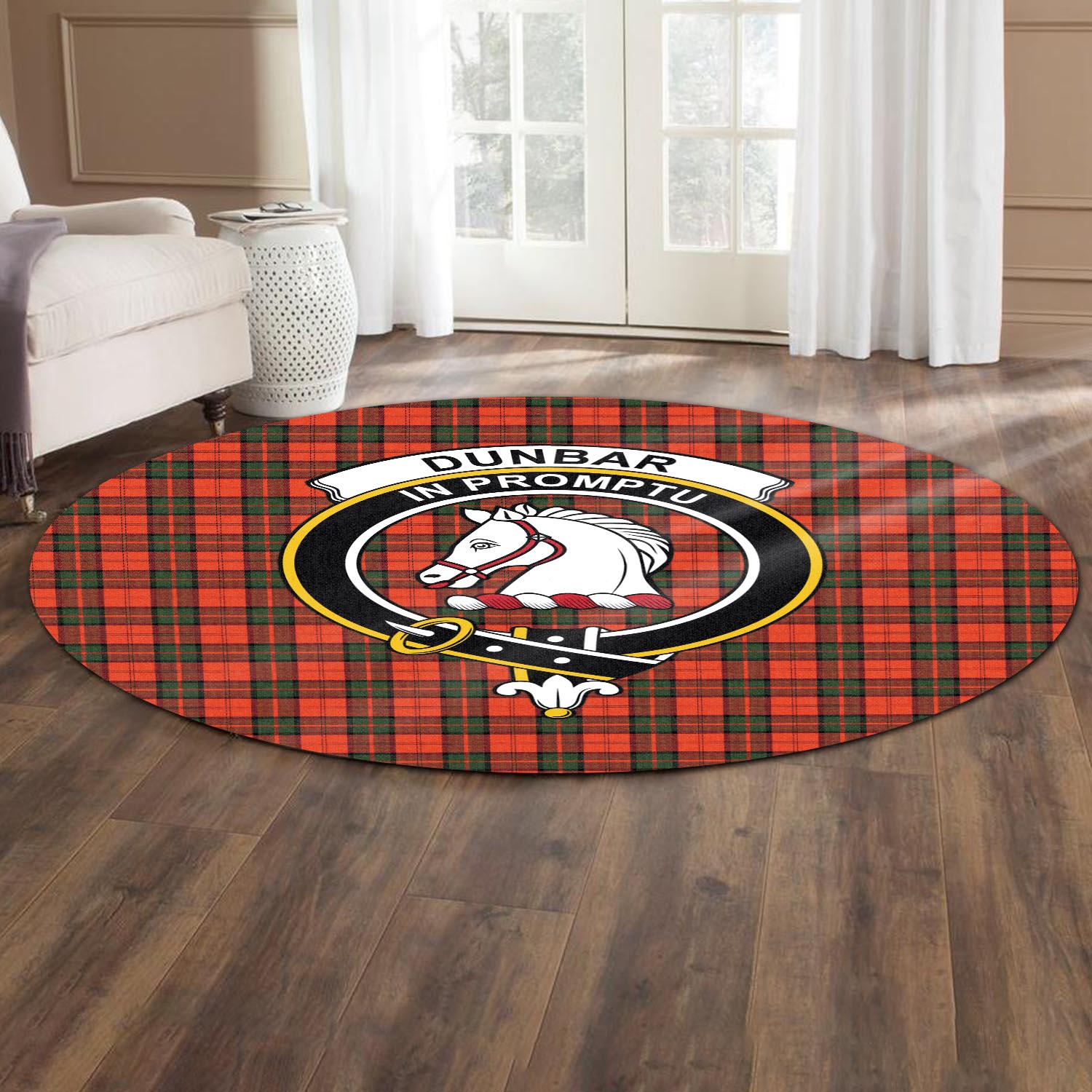 Dunbar Modern Tartan Round Rug with Family Crest - Tartanvibesclothing