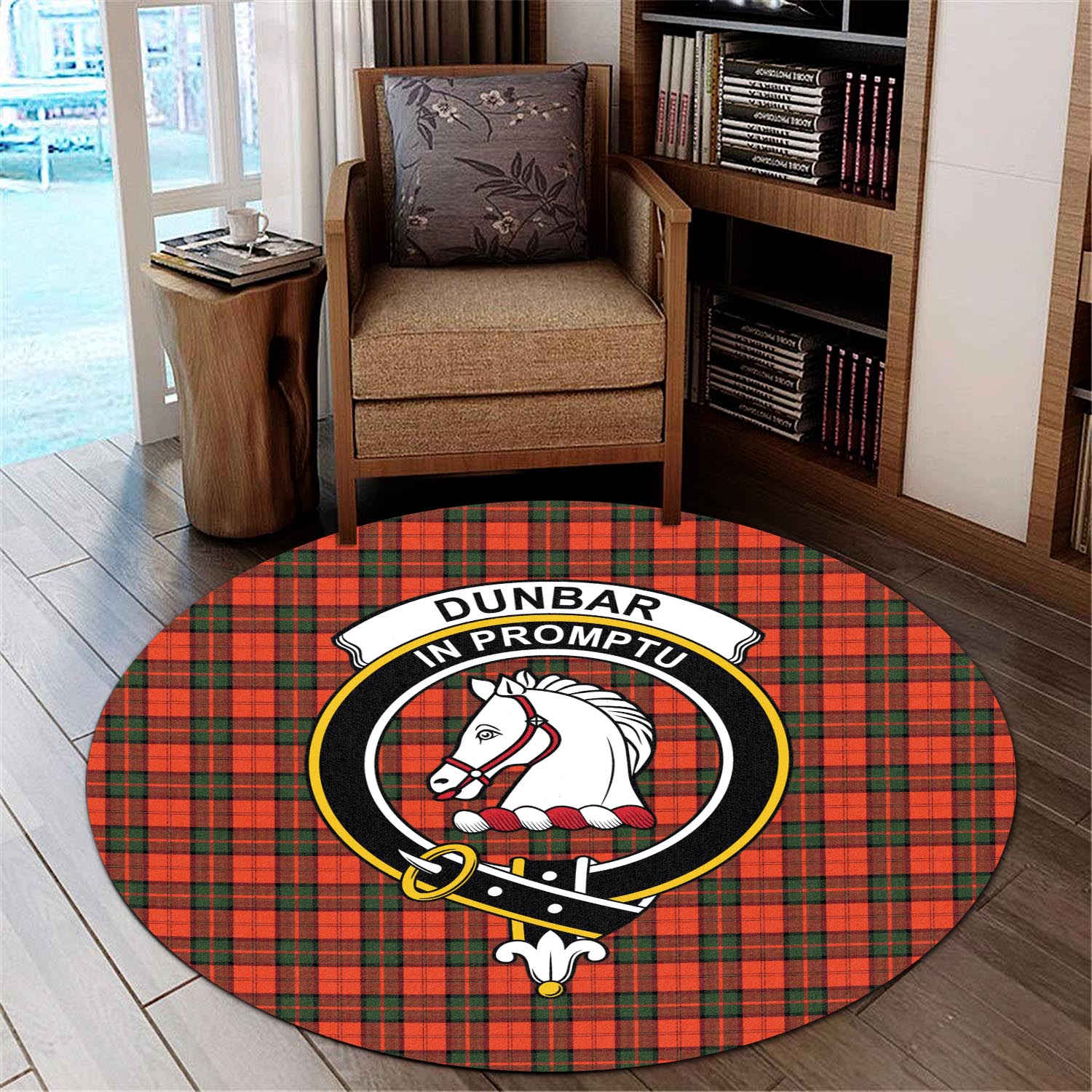 Dunbar Modern Tartan Round Rug with Family Crest - Tartanvibesclothing