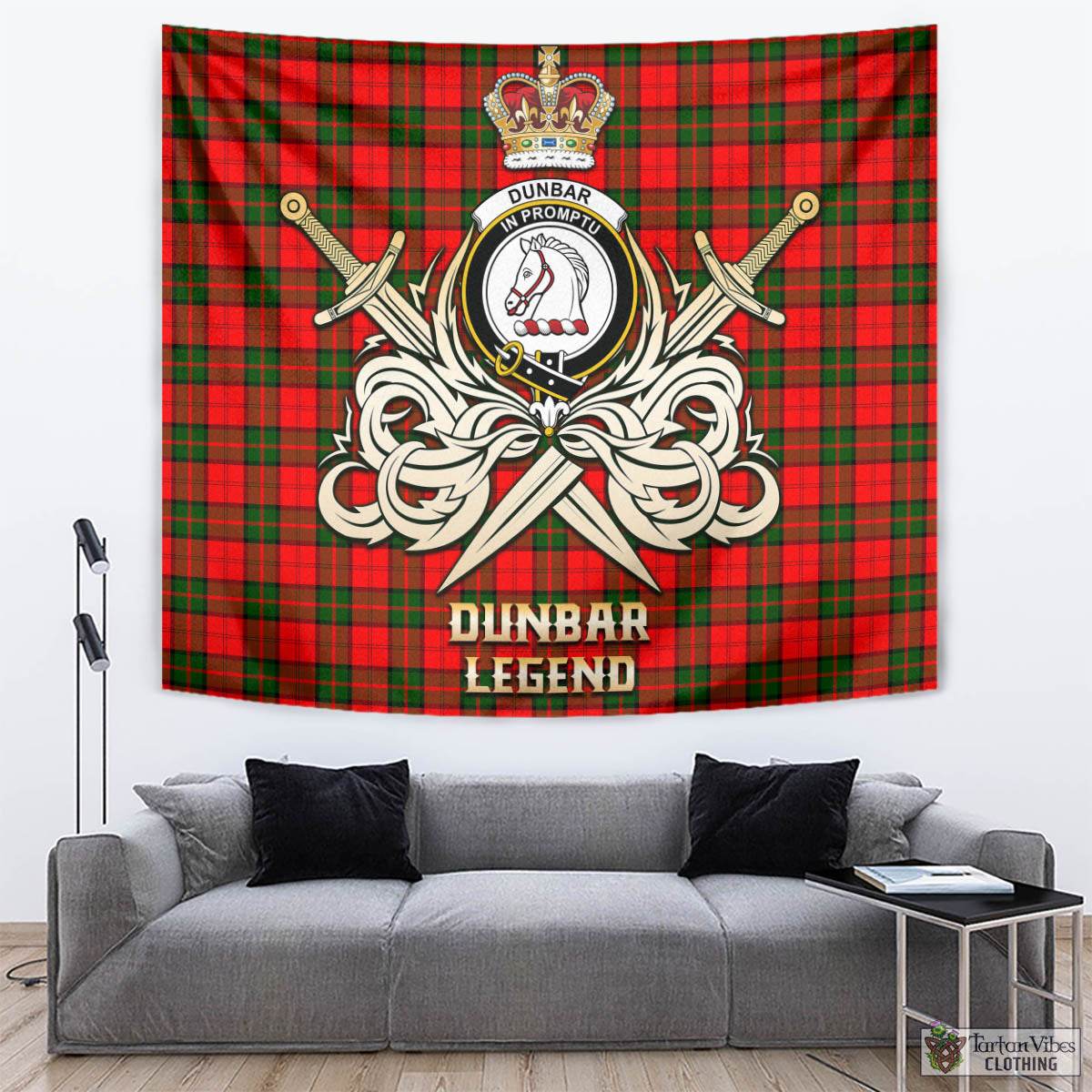 Tartan Vibes Clothing Dunbar Modern Tartan Tapestry with Clan Crest and the Golden Sword of Courageous Legacy