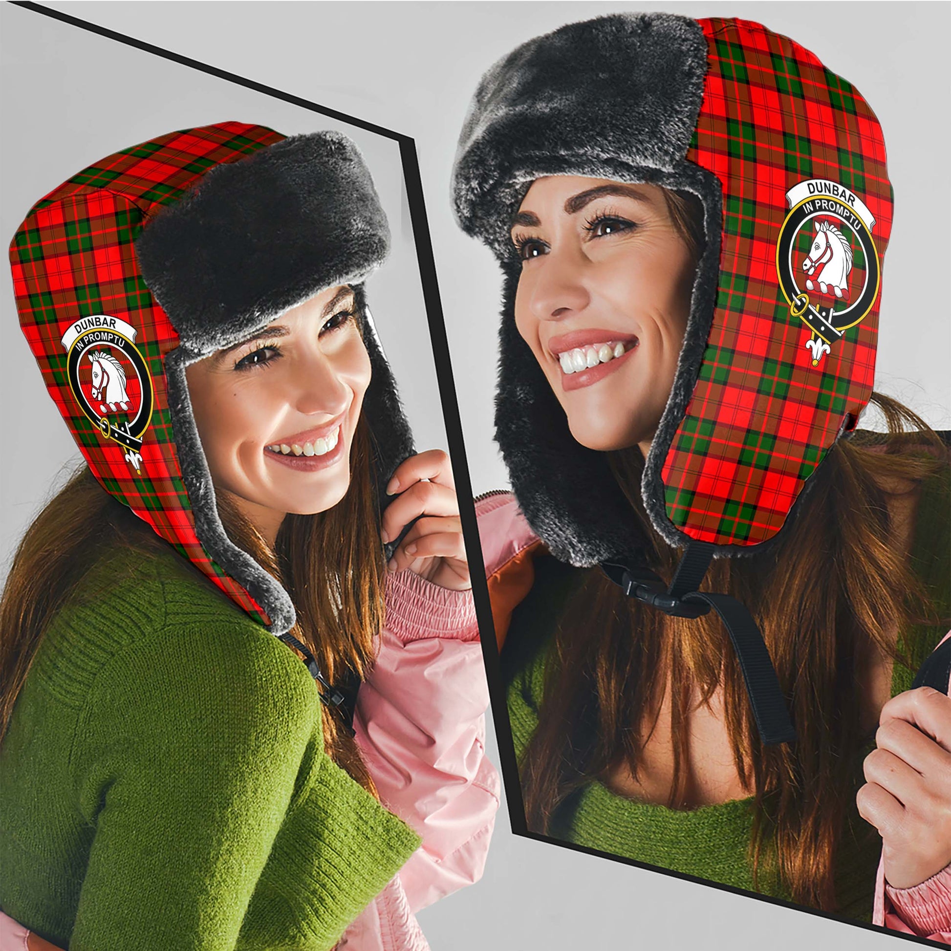 Dunbar Modern Tartan Winter Trapper Hat with Family Crest - Tartanvibesclothing