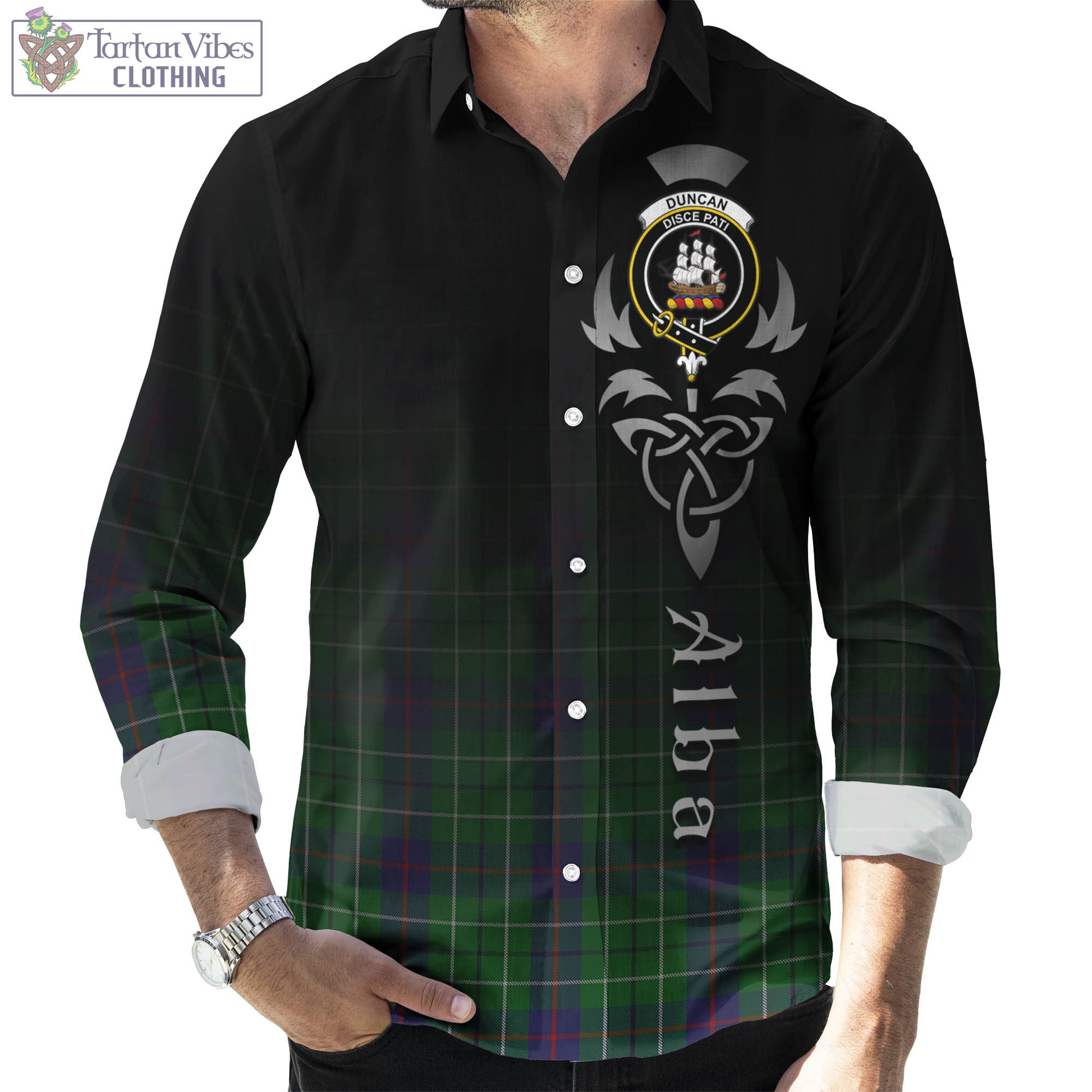 Tartan Vibes Clothing Duncan Tartan Long Sleeve Button Up Featuring Alba Gu Brath Family Crest Celtic Inspired