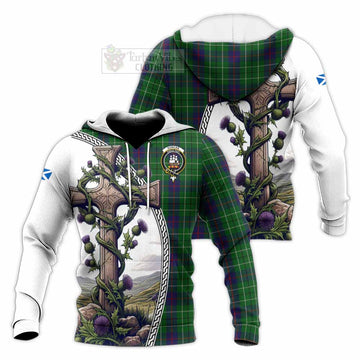 Duncan Tartan Knitted Hoodie with Family Crest and St. Andrew's Cross Accented by Thistle Vines