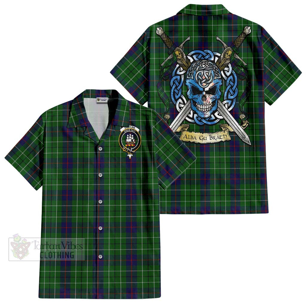 Tartan Vibes Clothing Duncan Tartan Short Sleeve Button Shirt with Family Crest Celtic Skull Style