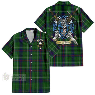 Duncan Tartan Short Sleeve Button Shirt with Family Crest Celtic Skull Style