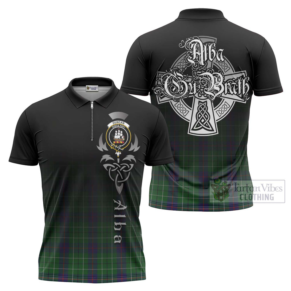 Tartan Vibes Clothing Duncan Tartan Zipper Polo Shirt Featuring Alba Gu Brath Family Crest Celtic Inspired