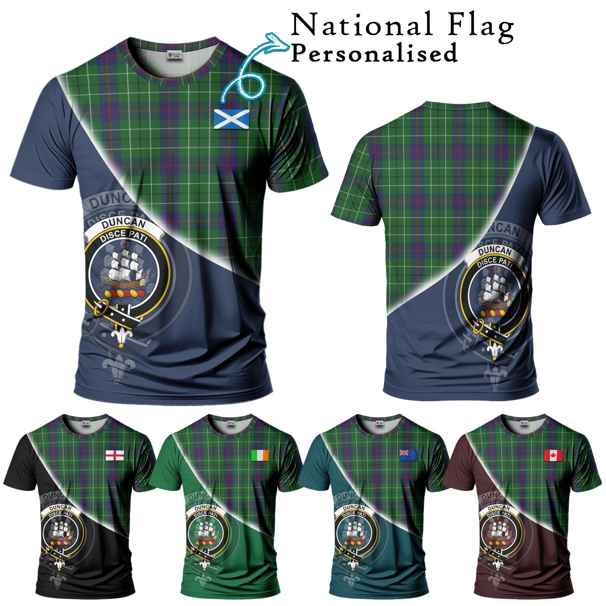 Tartan Vibes Clothing Duncan Tartan T-Shirt with Personalised National Flag and Family Crest Half Style