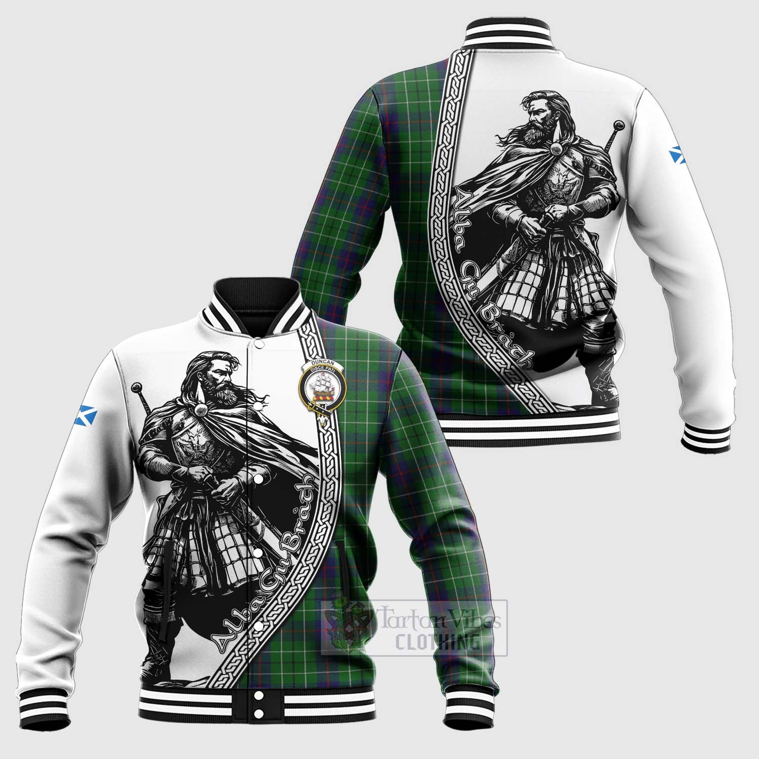 Tartan Vibes Clothing Duncan Tartan Clan Crest Baseball Jacket with Highlander Warrior Celtic Style