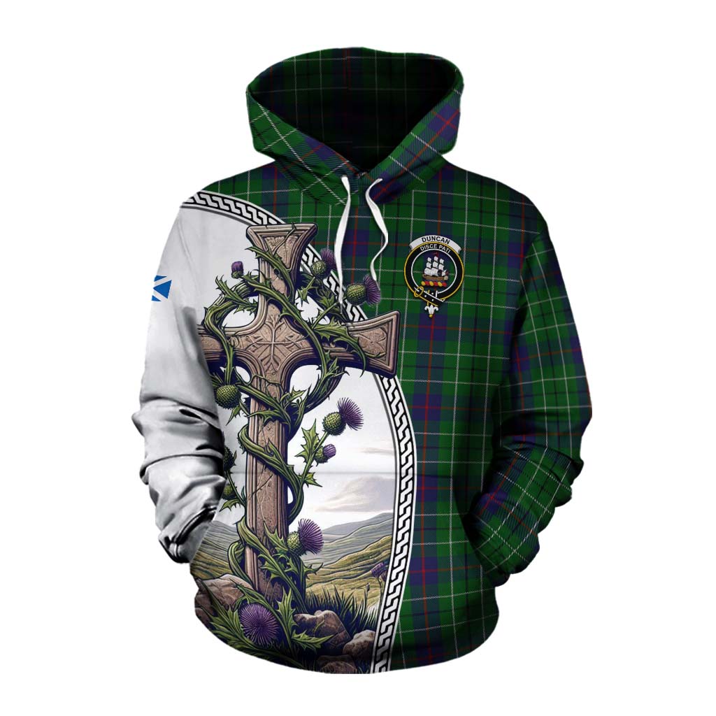 Tartan Vibes Clothing Duncan Tartan Cotton Hoodie with Family Crest and St. Andrew's Cross Accented by Thistle Vines