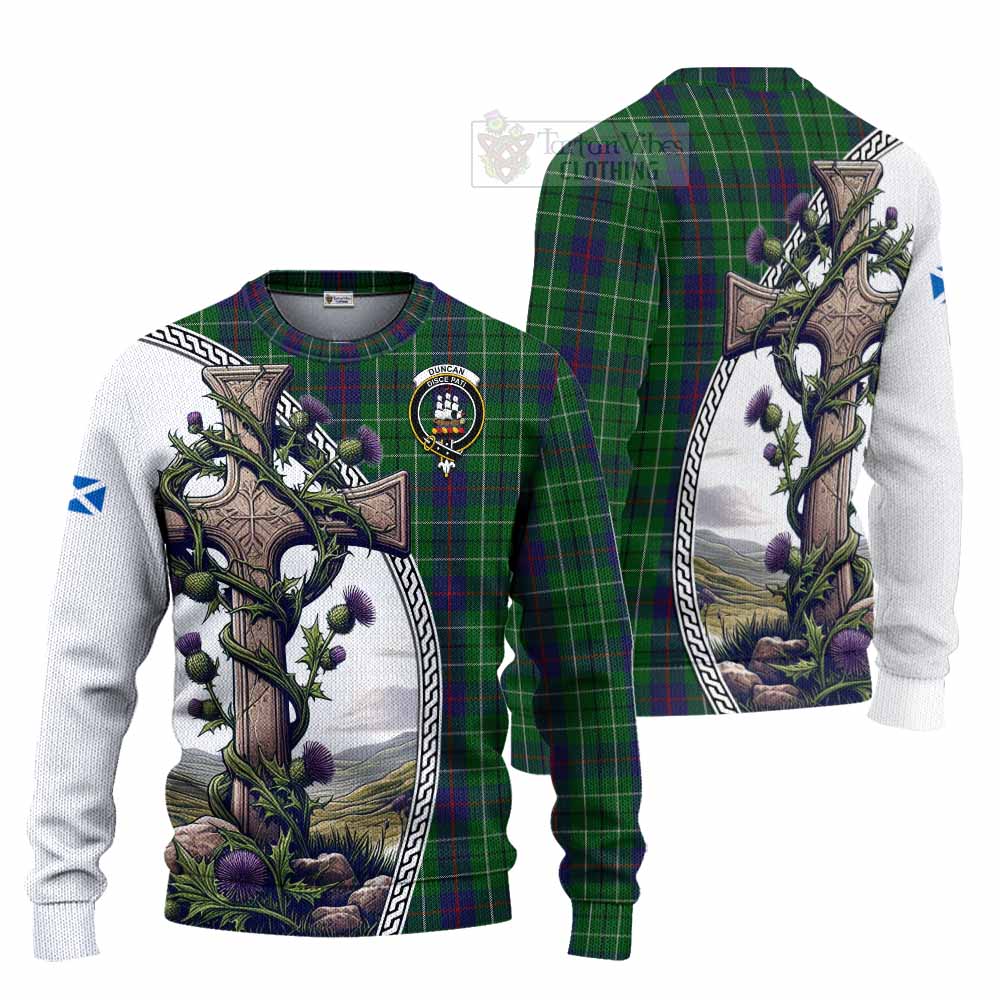 Tartan Vibes Clothing Duncan Tartan Knitted Sweater with Family Crest and St. Andrew's Cross Accented by Thistle Vines