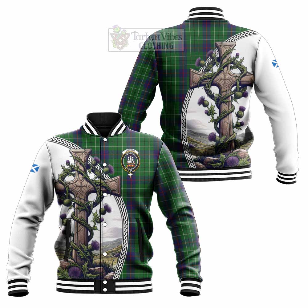 Tartan Vibes Clothing Duncan Tartan Baseball Jacket with Family Crest and St. Andrew's Cross Accented by Thistle Vines