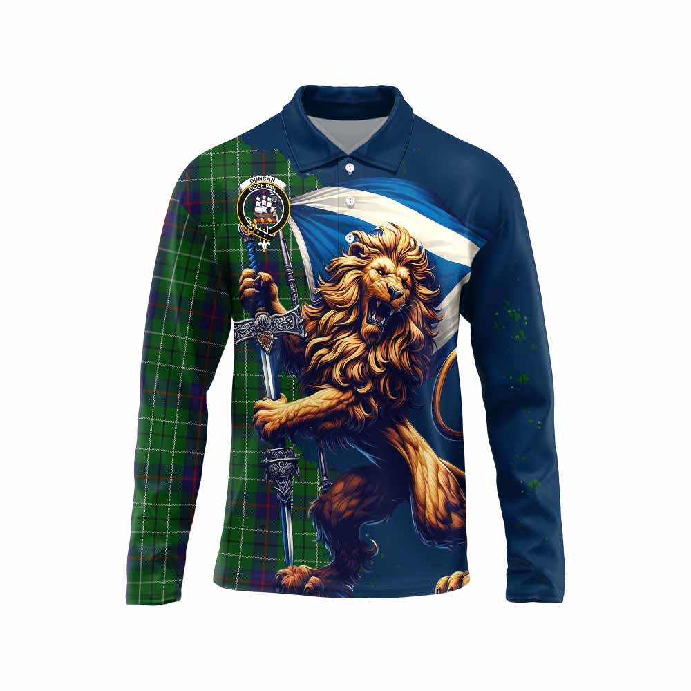 Tartan Vibes Clothing Duncan Tartan Family Crest Long Sleeve Polo Shirt with Scottish Majestic Lion