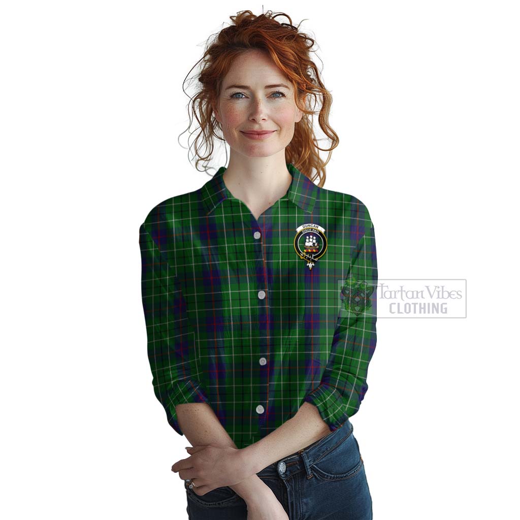 Tartan Vibes Clothing Duncan Tartan Women's Casual Shirt with Family Crest and Bearded Skull Holding Bottles of Whiskey