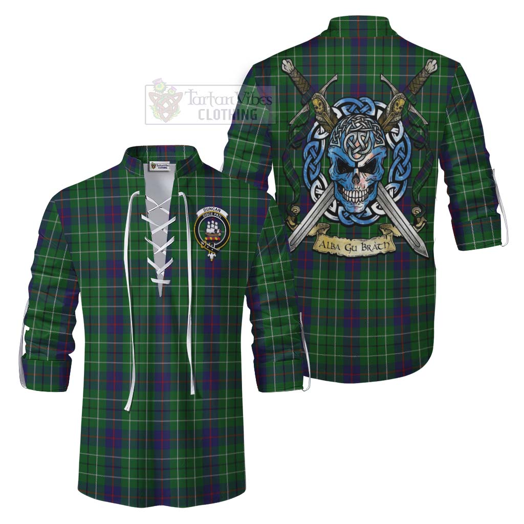 Duncan Tartan Ghillie Kilt Shirt with Family Crest Celtic Skull Style Men - Tartan Vibes Clothing