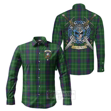 Duncan Tartan Long Sleeve Button Shirt with Family Crest Celtic Skull Style