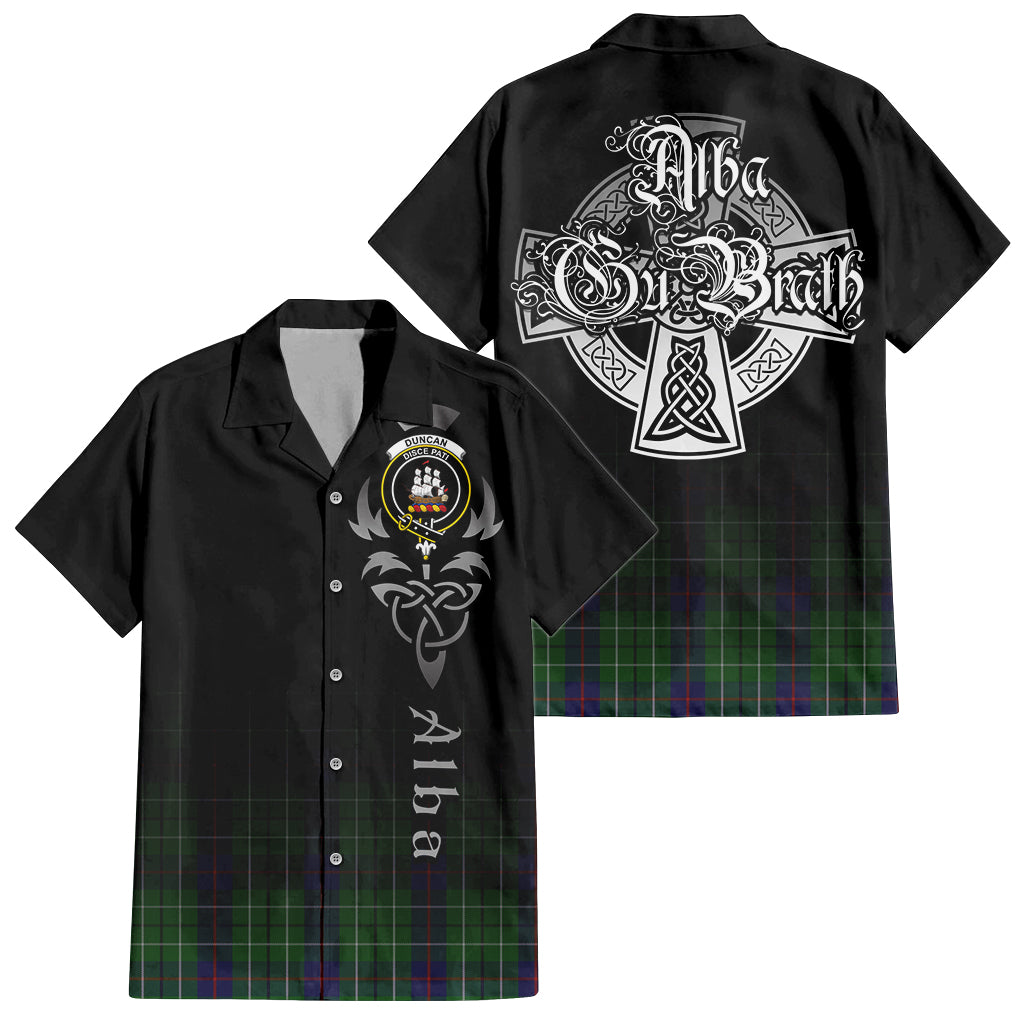 Tartan Vibes Clothing Duncan Tartan Short Sleeve Button Up Featuring Alba Gu Brath Family Crest Celtic Inspired