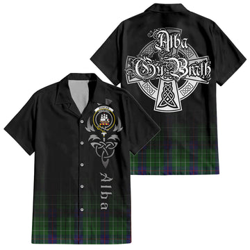 Duncan Tartan Short Sleeve Button Up Shirt Featuring Alba Gu Brath Family Crest Celtic Inspired