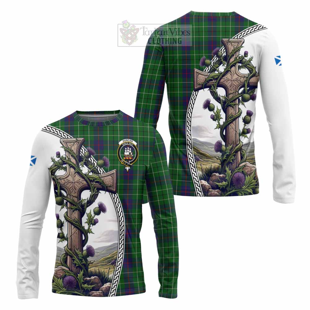 Tartan Vibes Clothing Duncan Tartan Long Sleeve T-Shirt with Family Crest and St. Andrew's Cross Accented by Thistle Vines