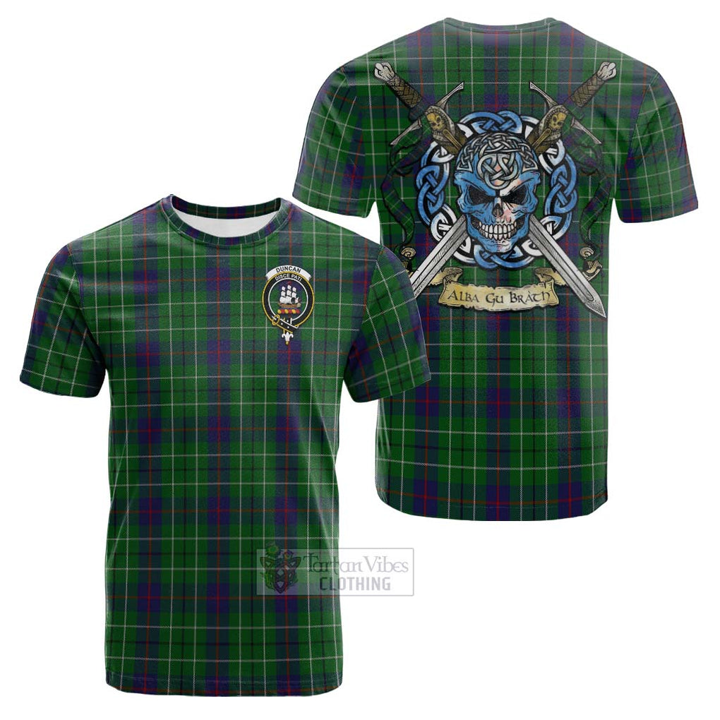 Tartan Vibes Clothing Duncan Tartan Cotton T-shirt with Family Crest Celtic Skull Style