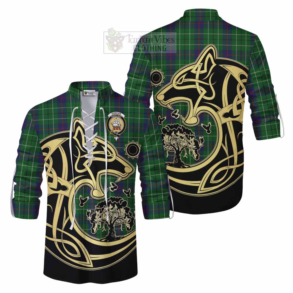 Tartan Vibes Clothing Duncan Tartan Ghillie Kilt Shirt with Family Crest Celtic Wolf Style