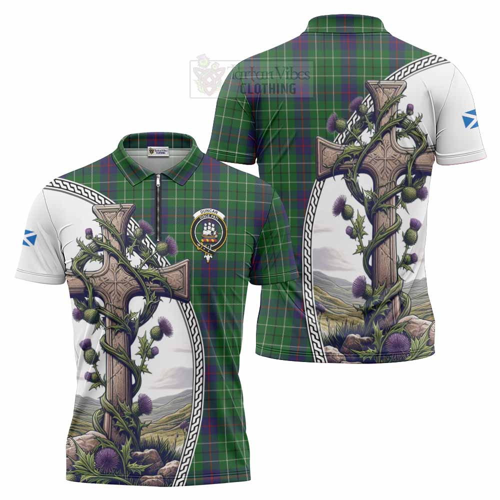 Tartan Vibes Clothing Duncan Tartan Zipper Polo Shirt with Family Crest and St. Andrew's Cross Accented by Thistle Vines