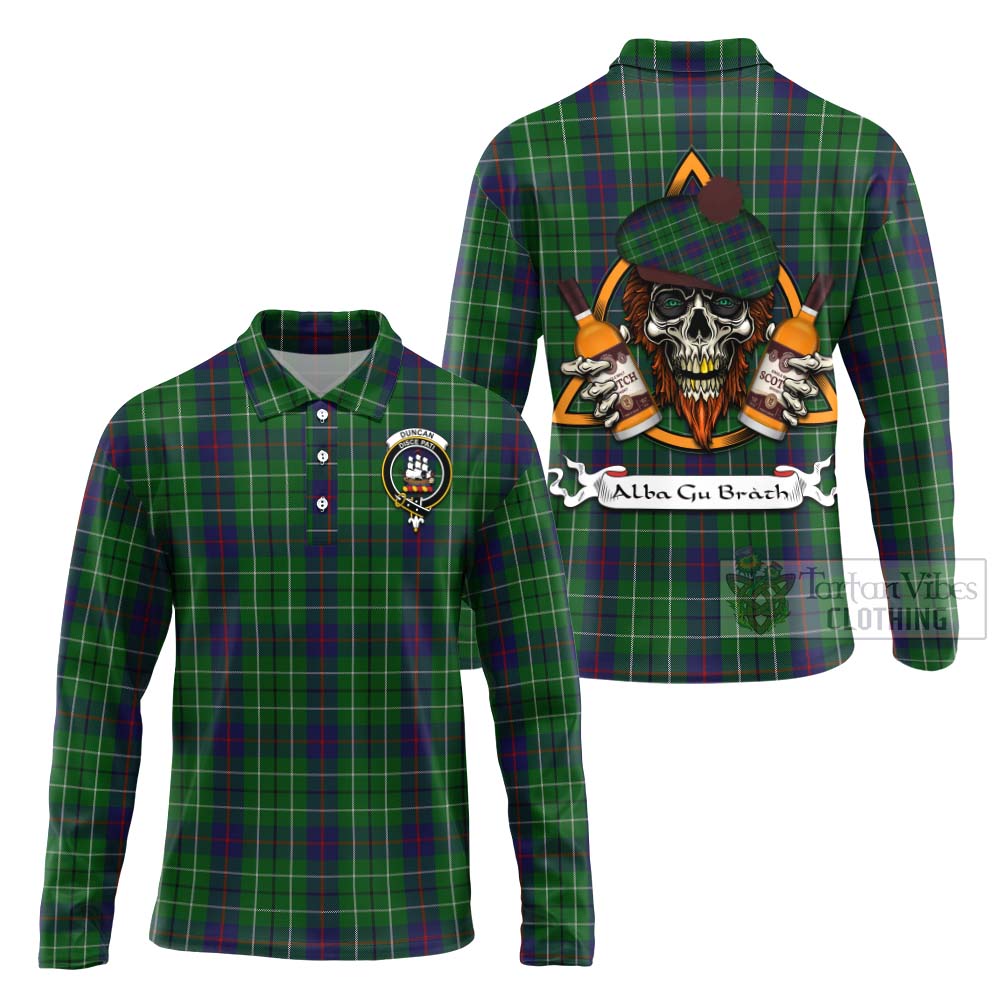 Tartan Vibes Clothing Duncan Tartan Long Sleeve Polo Shirt with Family Crest and Bearded Skull Holding Bottles of Whiskey