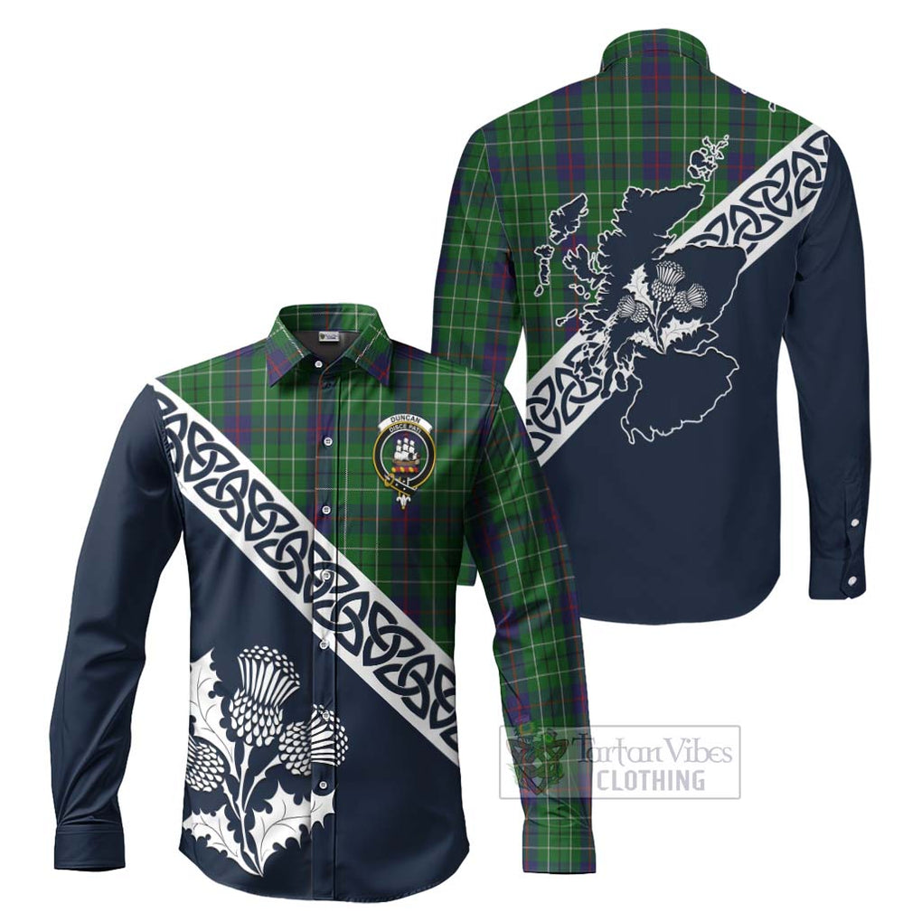 Tartan Vibes Clothing Duncan Tartan Long Sleeve Button Shirt Featuring Thistle and Scotland Map