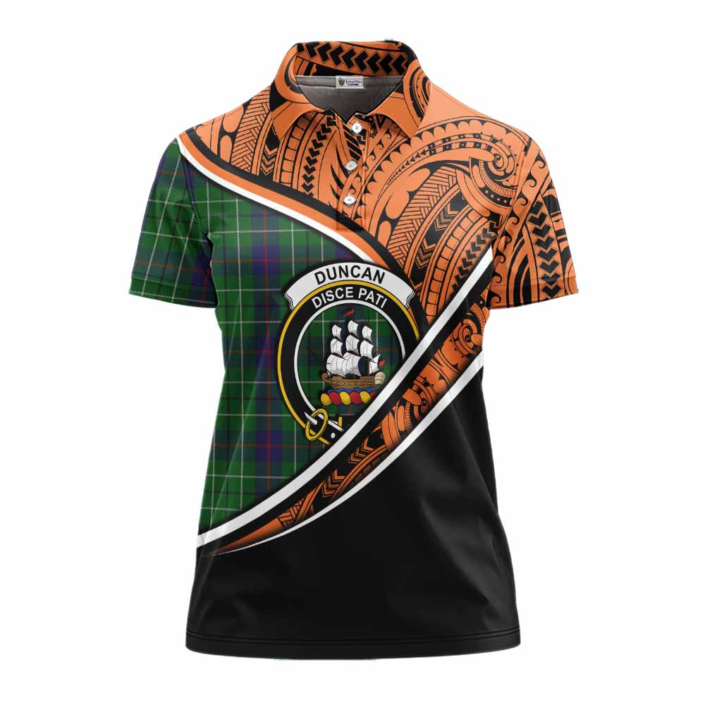 Tartan Vibes Clothing Duncan Crest Tartan Women's Polo Shirt with Maori Tattoo Style - Orange Version