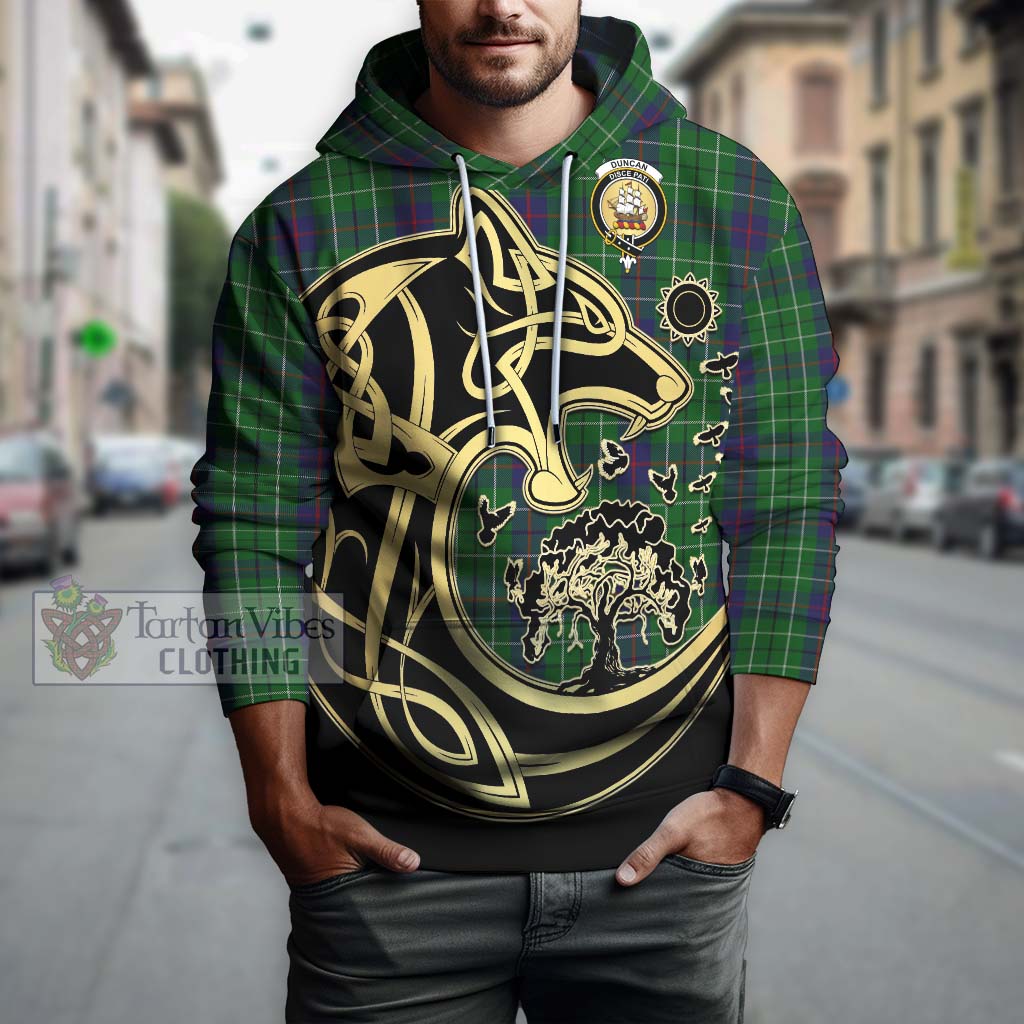 Tartan Vibes Clothing Duncan Tartan Hoodie with Family Crest Celtic Wolf Style