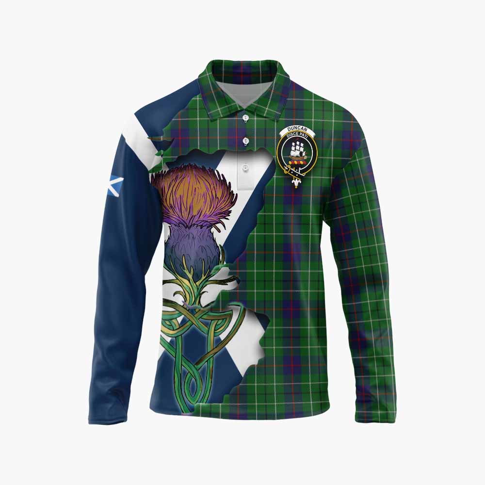 Duncan Tartan Family Crest Long Sleeve Polo Shirt Scottish Thistle Celtic Inspired Unisex - Tartan Vibes Clothing
