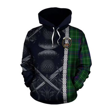 Duncan Tartan Cotton Hoodie with Family Crest Cross Sword Thistle Celtic Vibes