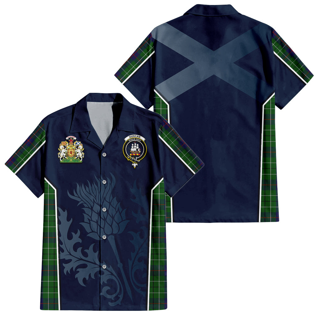 Tartan Vibes Clothing Duncan Tartan Short Sleeve Button Up Shirt with Family Crest and Scottish Thistle Vibes Sport Style