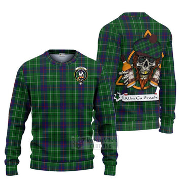 Duncan Tartan Ugly Sweater with Family Crest and Bearded Skull Holding Bottles of Whiskey