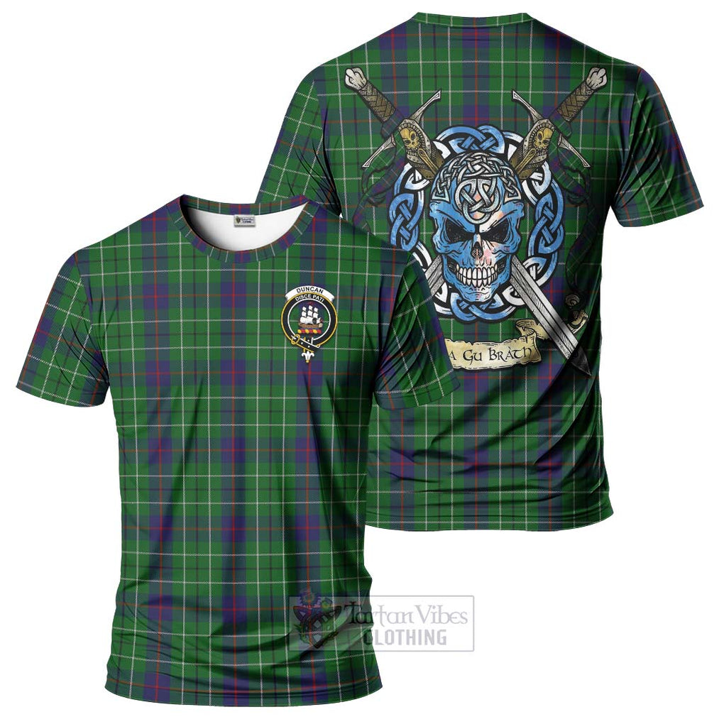 Tartan Vibes Clothing Duncan Tartan T-Shirt with Family Crest Celtic Skull Style