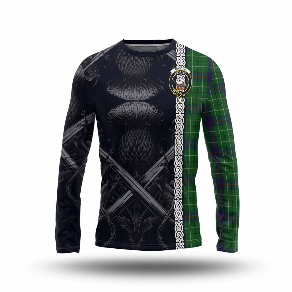 Tartan Vibes Clothing Duncan Tartan Long Sleeve T-Shirt with Family Crest Cross Sword Thistle Celtic Vibes