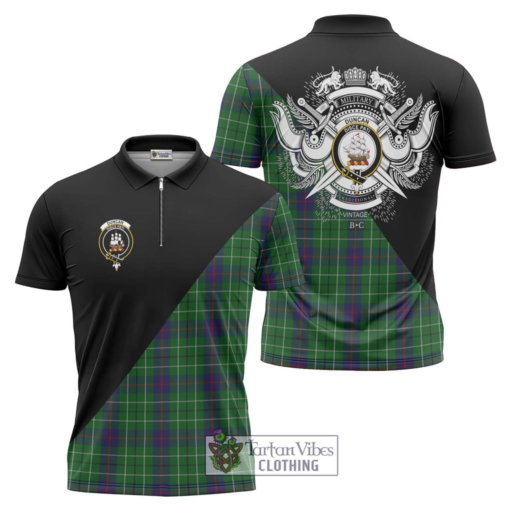 Duncan Tartan Zipper Polo Shirt with Family Crest and Military Logo Style Unisex - Tartanvibesclothing Shop