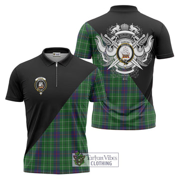 Duncan Tartan Zipper Polo Shirt with Family Crest and Military Logo Style