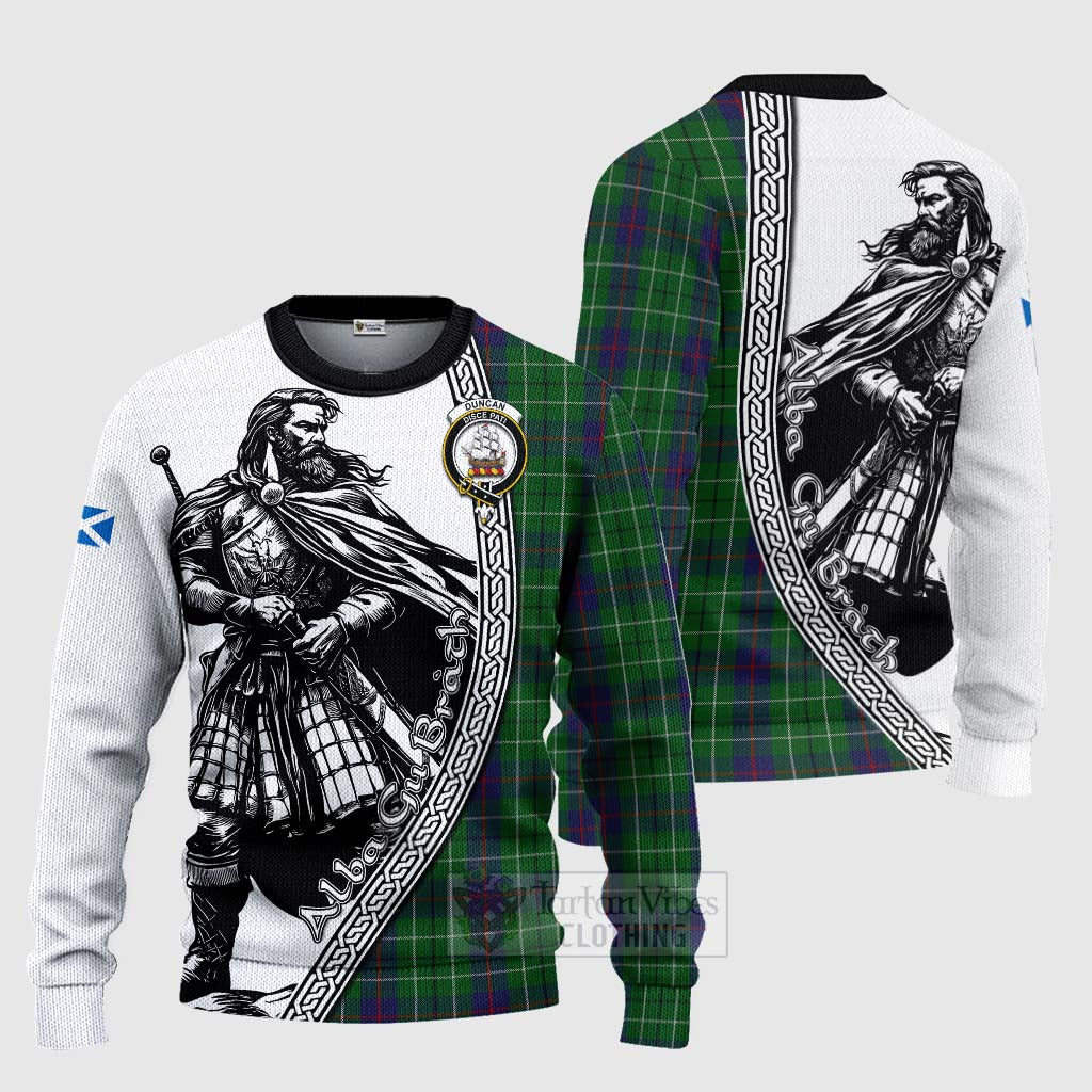 Tartan Vibes Clothing Duncan Tartan Clan Crest Knitted Sweater with Highlander Warrior Celtic Style