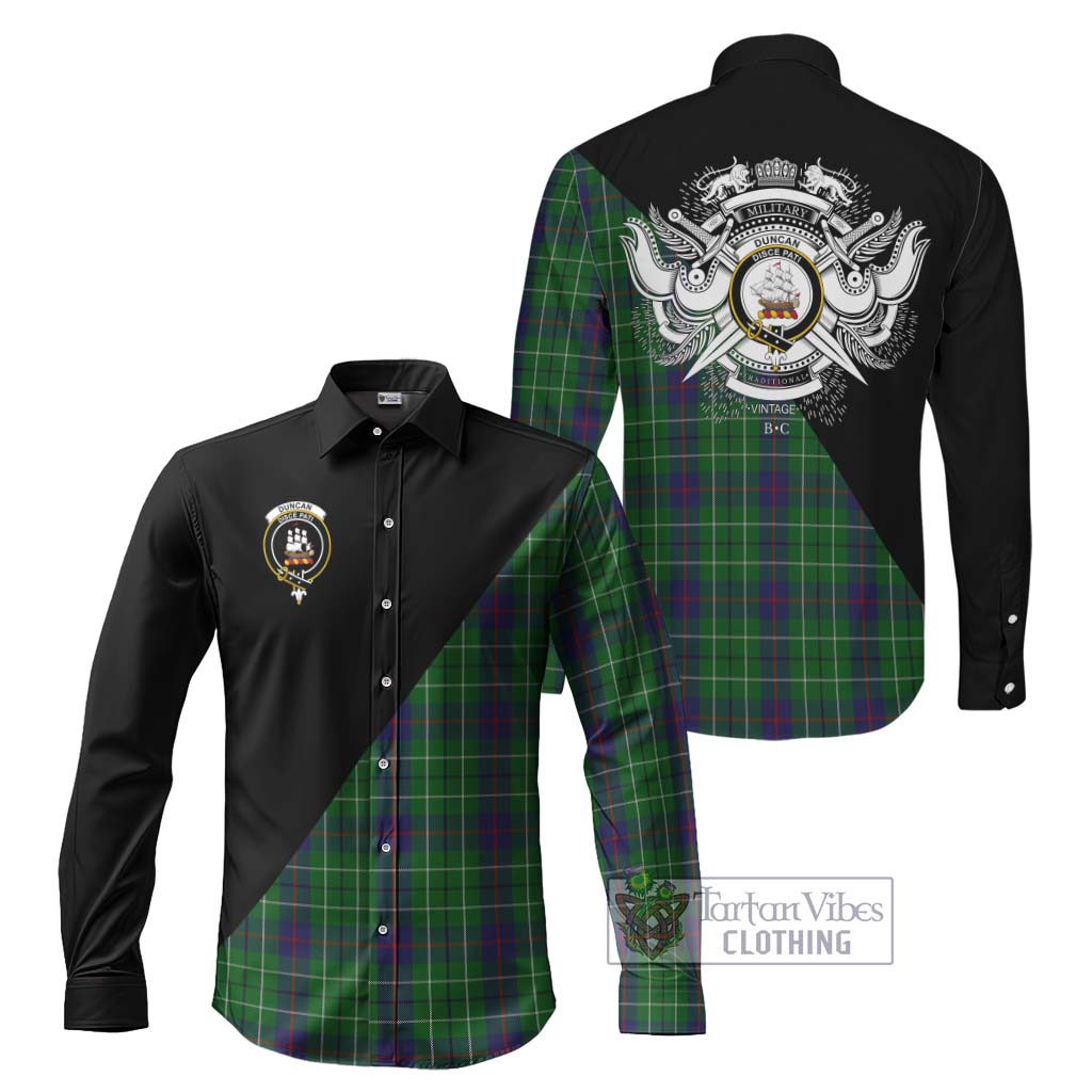 Tartan Vibes Clothing Duncan Tartan Long Sleeve Button Shirt with Family Crest and Military Logo Style