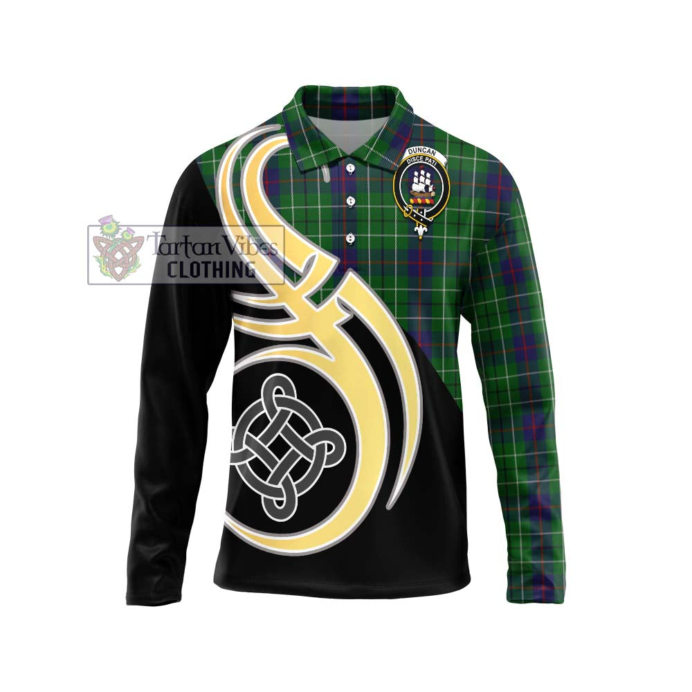 Duncan Tartan Long Sleeve Polo Shirt with Family Crest and Celtic Symbol Style Unisex - Tartan Vibes Clothing