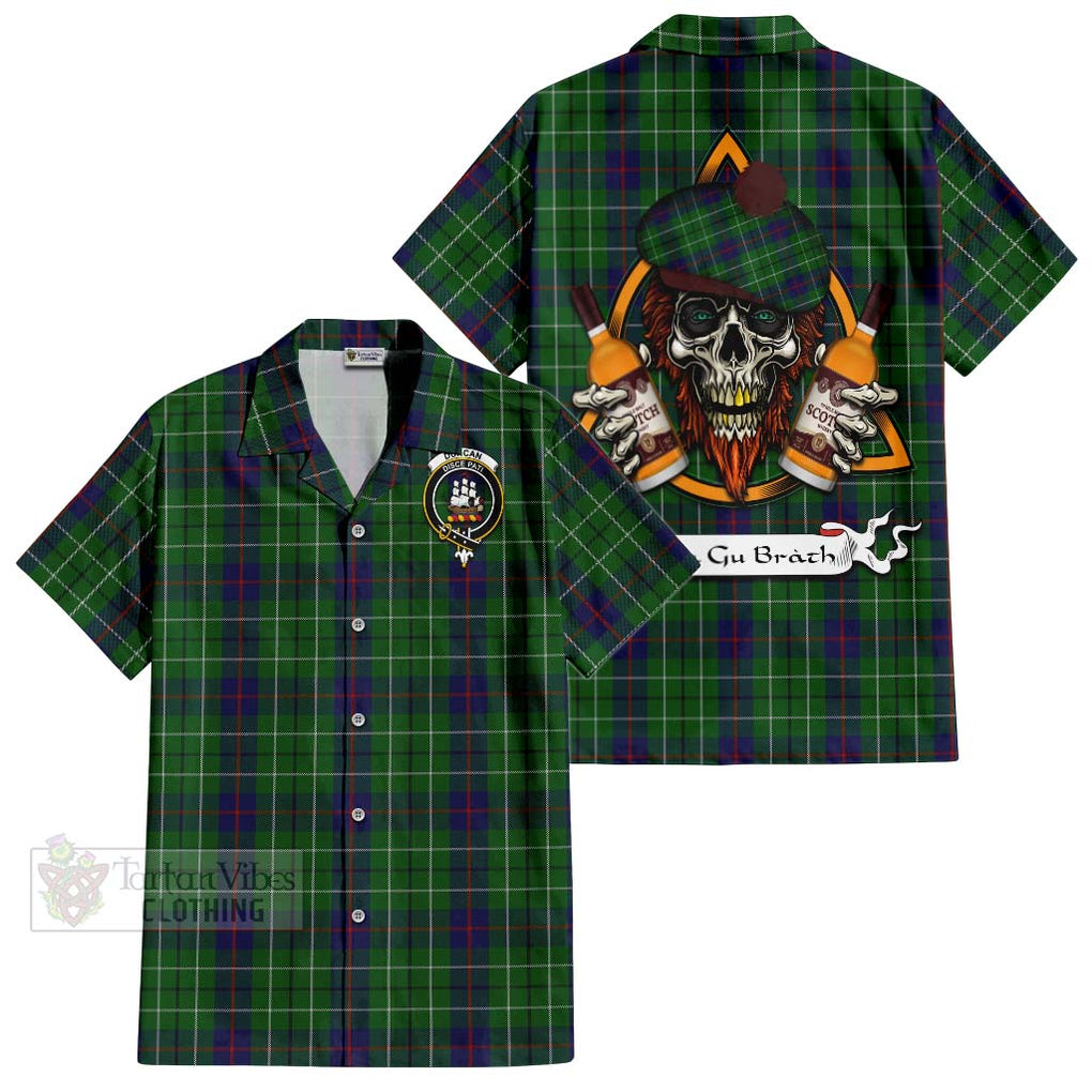 Tartan Vibes Clothing Duncan Tartan Short Sleeve Button Shirt with Family Crest and Bearded Skull Holding Bottles of Whiskey