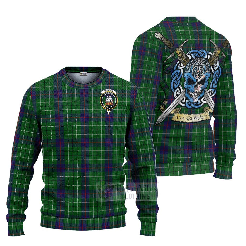 Tartan Vibes Clothing Duncan Tartan Knitted Sweater with Family Crest Celtic Skull Style