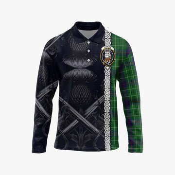 Duncan Tartan Long Sleeve Polo Shirt with Family Crest Cross Sword Thistle Celtic Vibes