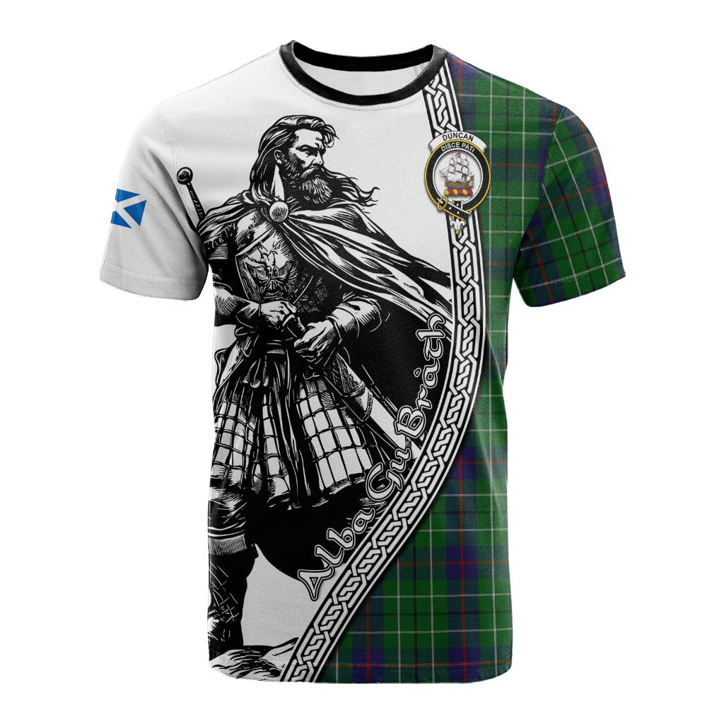 Duncan Tartan Clan Crest Cotton T-shirt with Highlander Warrior Celtic Style