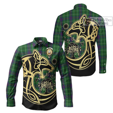 Duncan Tartan Long Sleeve Button Shirt with Family Crest Celtic Wolf Style