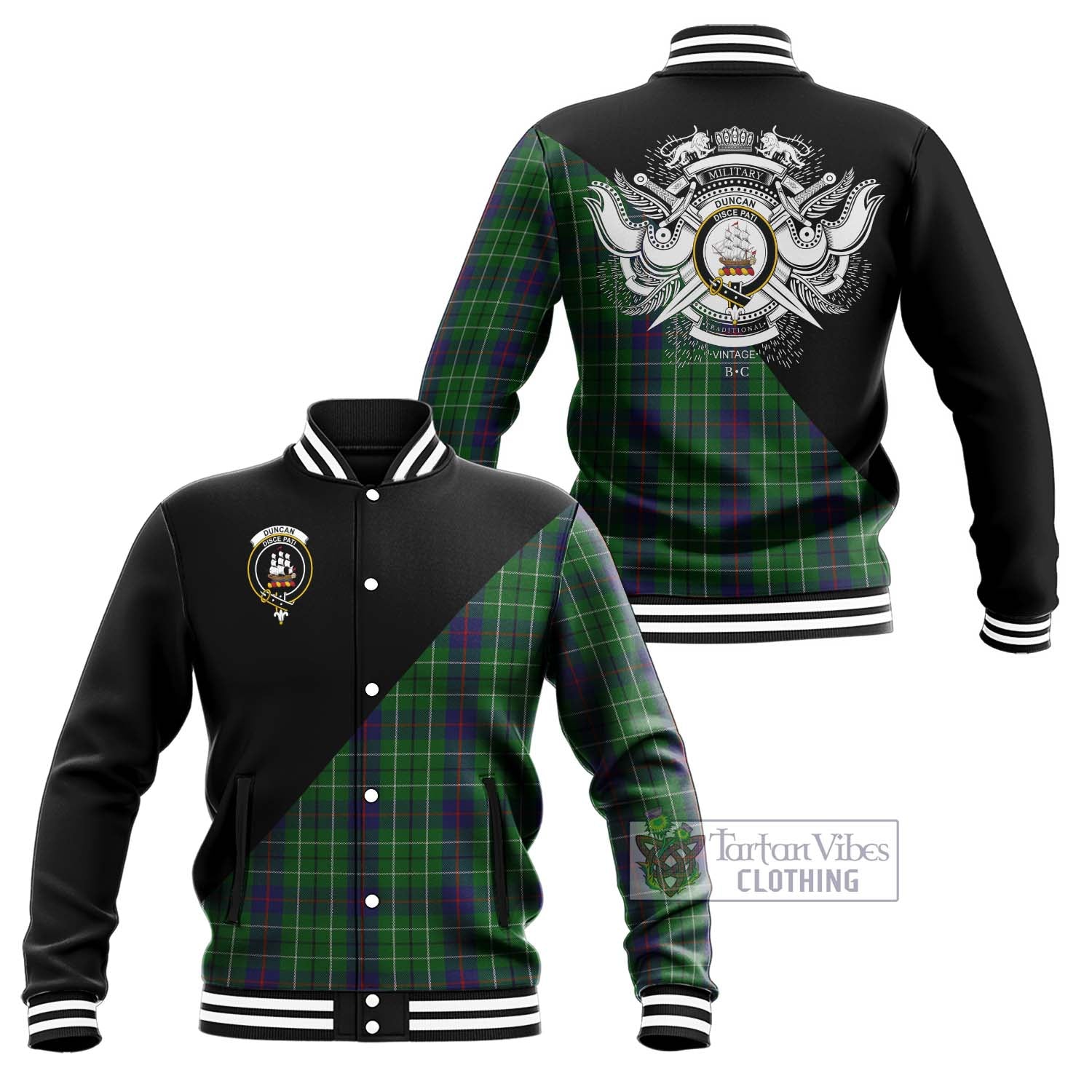 Tartan Vibes Clothing Duncan Tartan Baseball Jacket with Family Crest and Military Logo Style