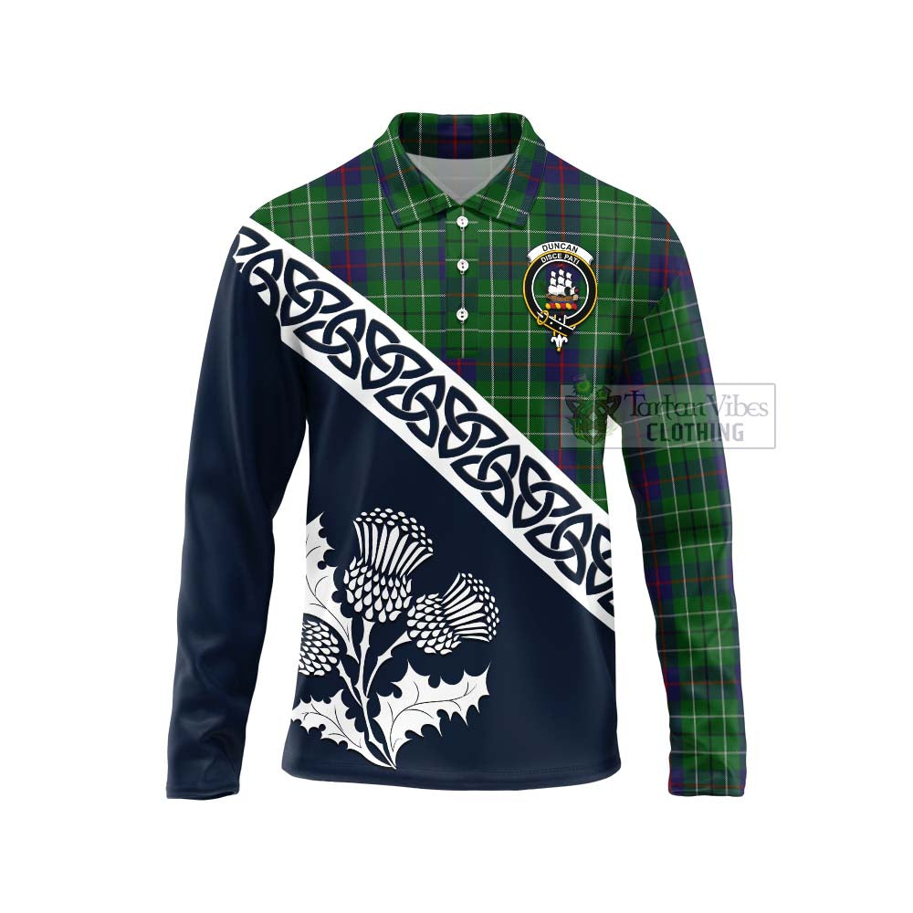 Tartan Vibes Clothing Duncan Tartan Long Sleeve Polo Shirt Featuring Thistle and Scotland Map