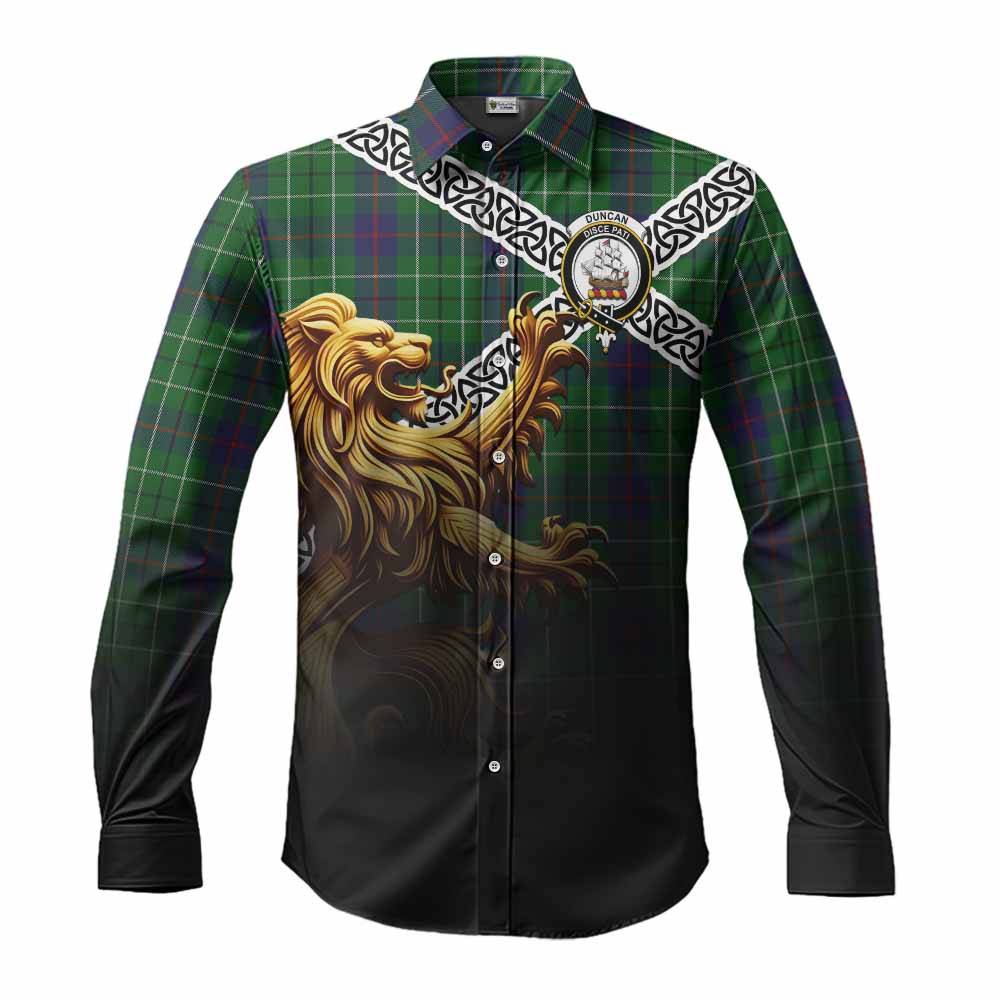 Duncan Crest Tartan Long Sleeve Button Shirt with Golden Lion Emblem Celtic Style Men's Shirt S - Tartan Vibes Clothing