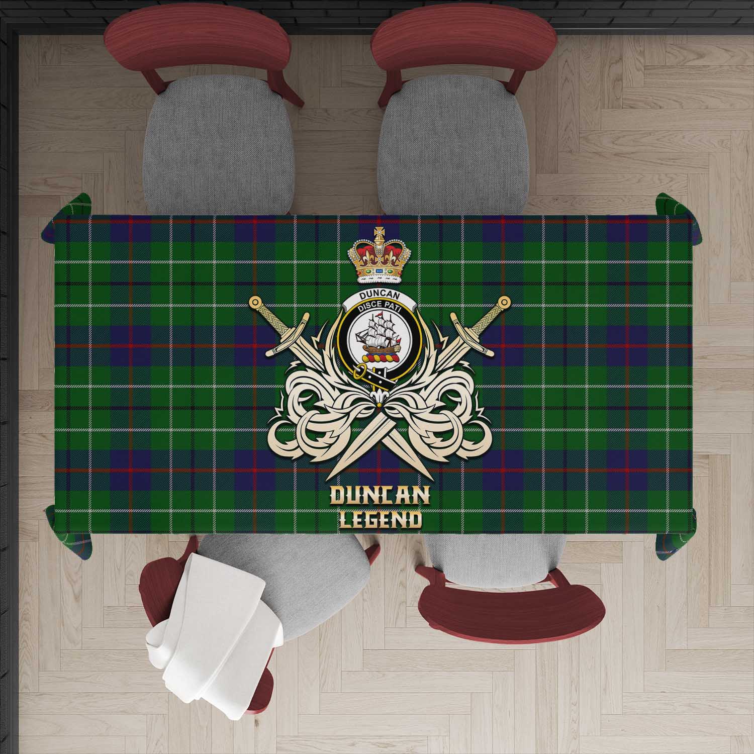 Tartan Vibes Clothing Duncan Tartan Tablecloth with Clan Crest and the Golden Sword of Courageous Legacy